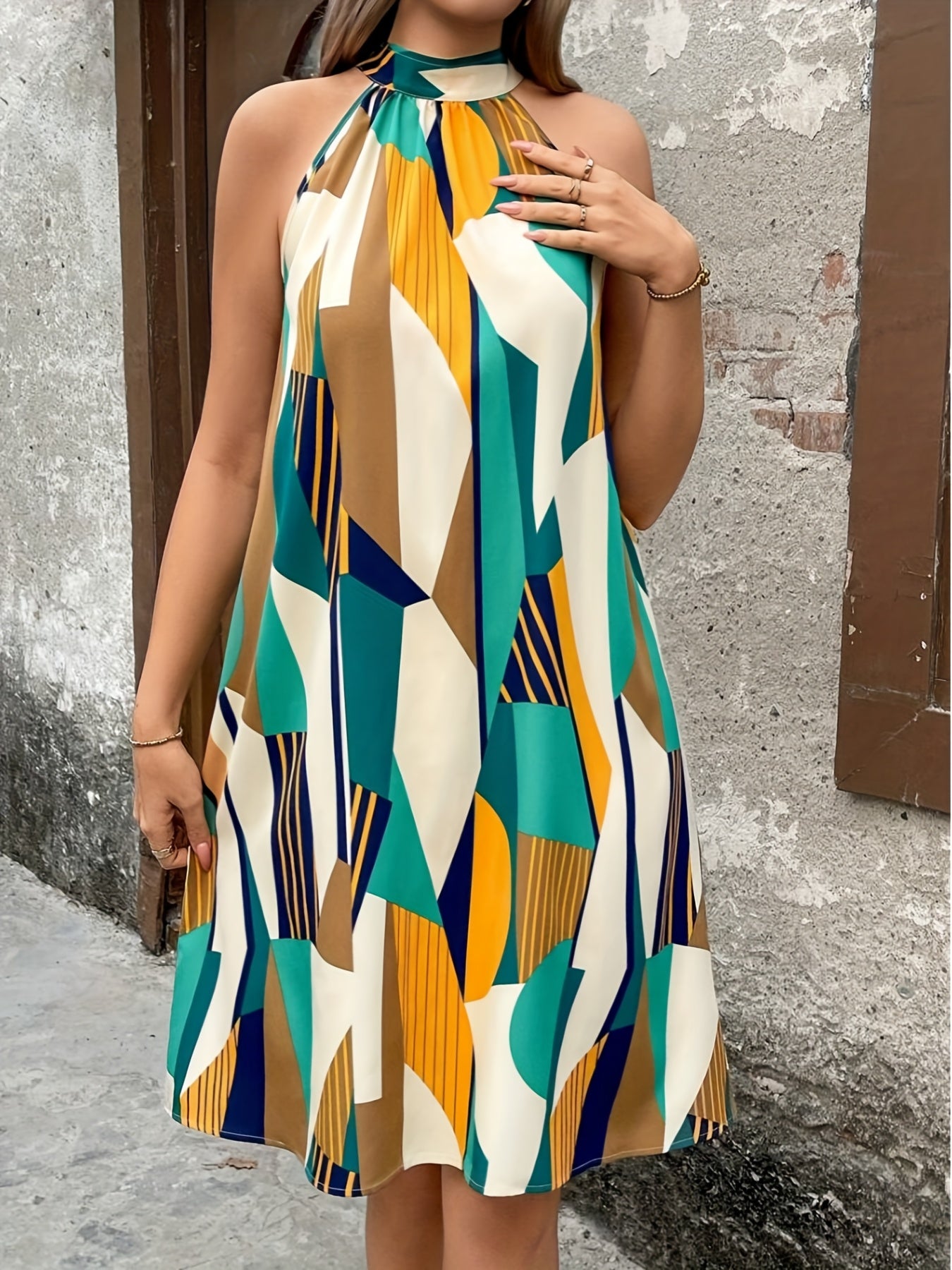 Elegant Off-Shoulder Geometric Print Dress - Sleeveless, Knee-Length Polyester Vacation Wear for Women